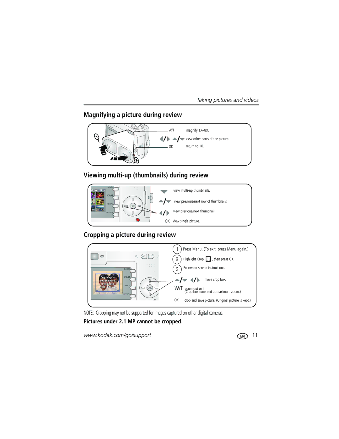 Kodak CD33 manual Viewing multi-up thumbnails during review, Cropping a picture during review 