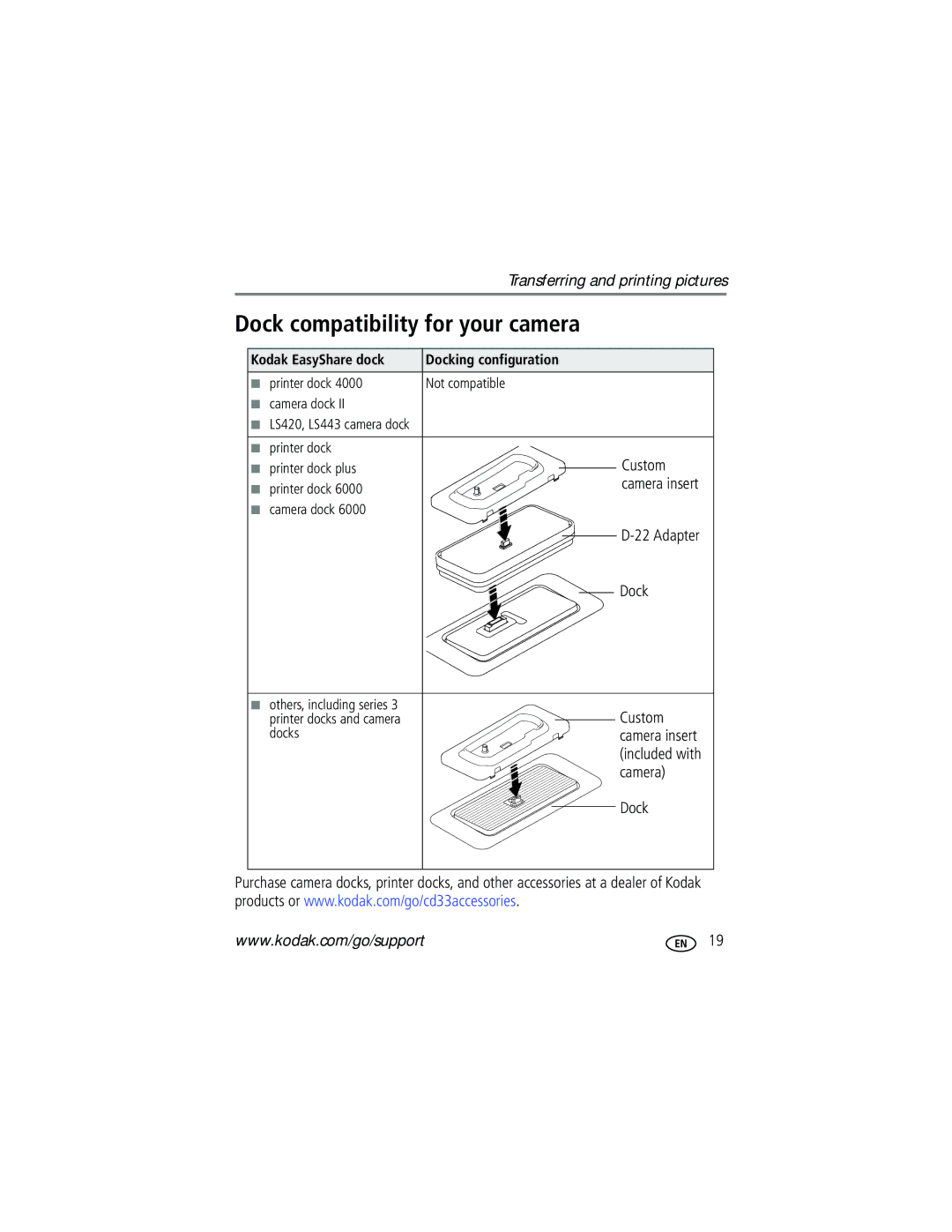 Kodak CD33 manual Dock compatibility for your camera, Adapter Dock, Custom, Camera 