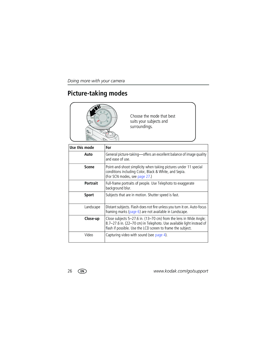 Kodak CD33 manual Picture-taking modes, Choose the mode that best, Suits your subjects, Surroundings 