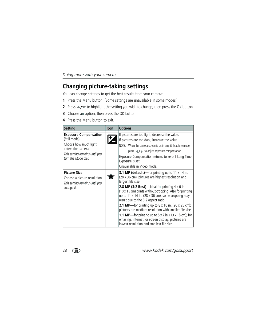 Kodak CD33 manual Changing picture-taking settings, Setting Icon Options, Picture Size 