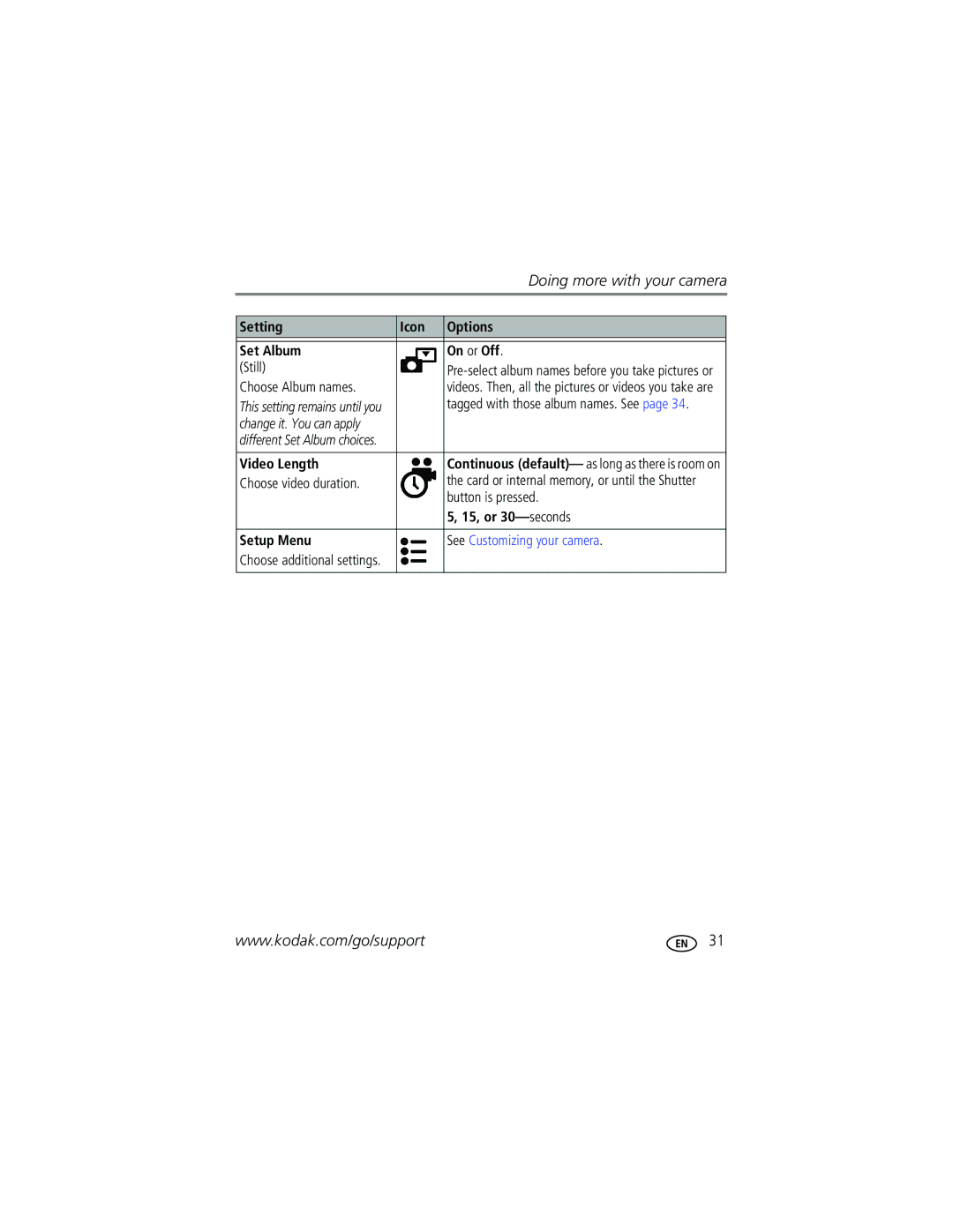 Kodak CD33 manual Setting Icon Options Set Album On or Off Still, Choose Album names, Video Length, Choose video duration 
