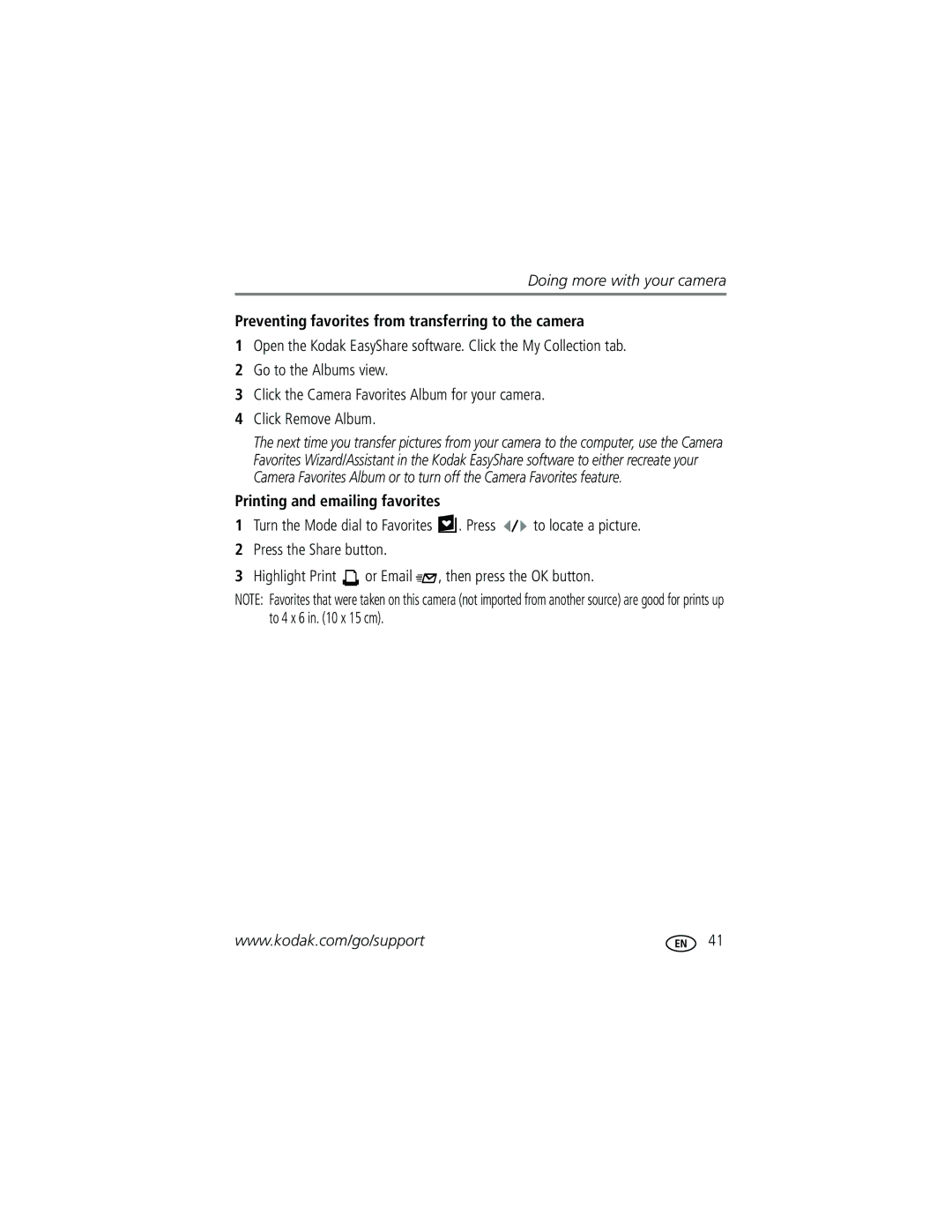 Kodak CD33 manual Preventing favorites from transferring to the camera, Printing and emailing favorites 