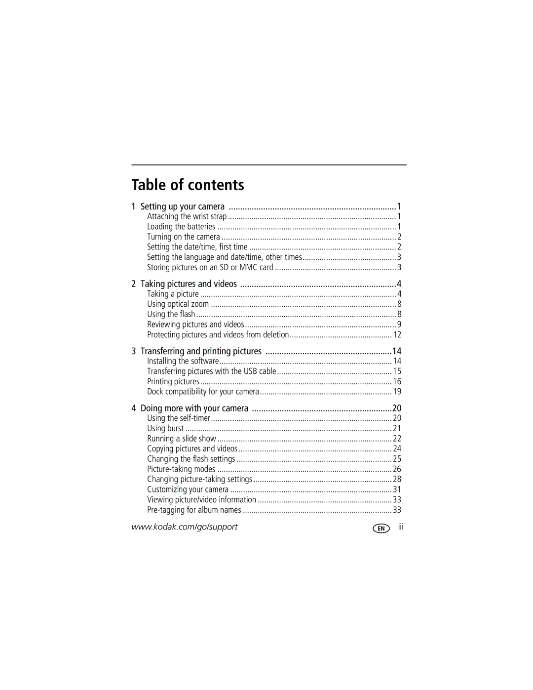 Kodak CD33 manual Table of contents 