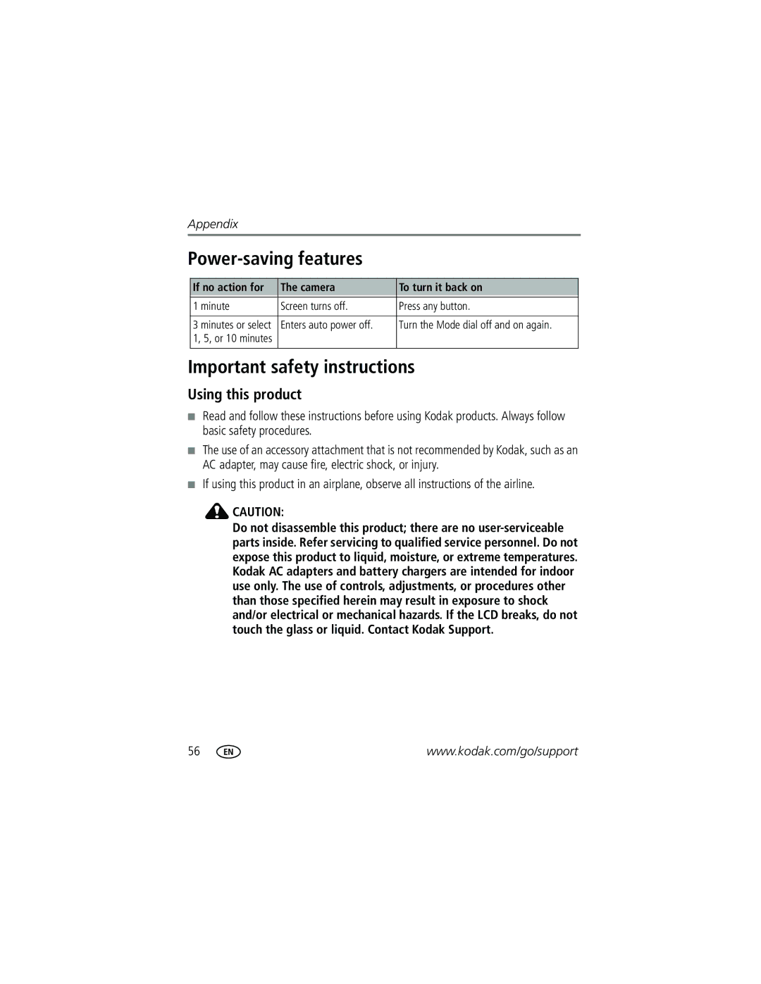 Kodak CD33 manual Power-saving features, Important safety instructions, Using this product 