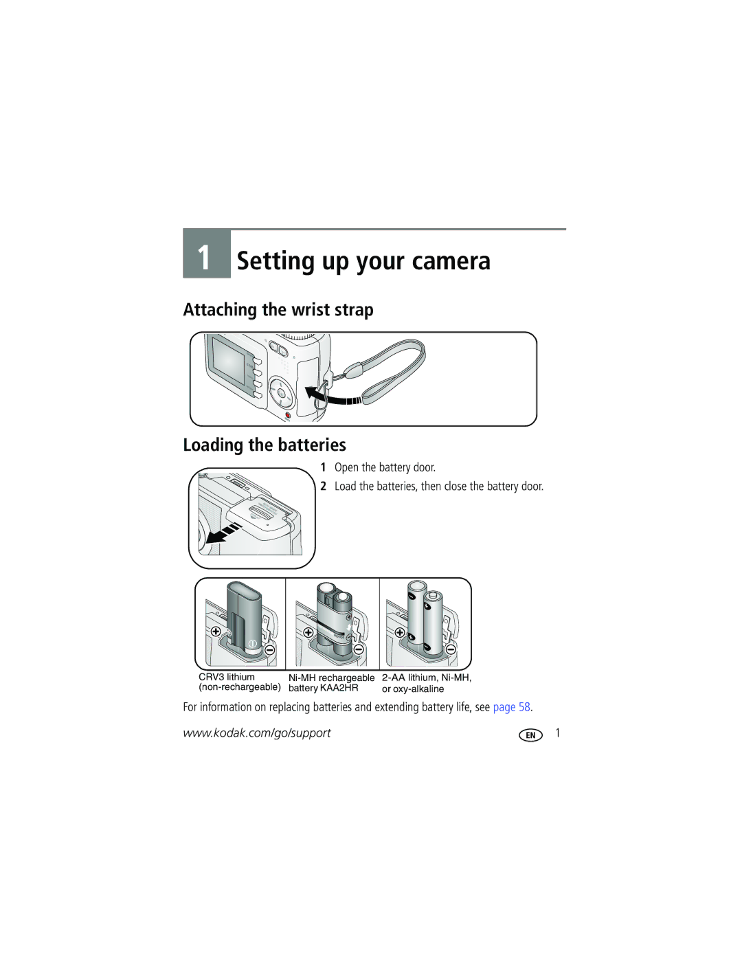 Kodak CD33 manual Setting up your camera, Attaching the wrist strap Loading the batteries 