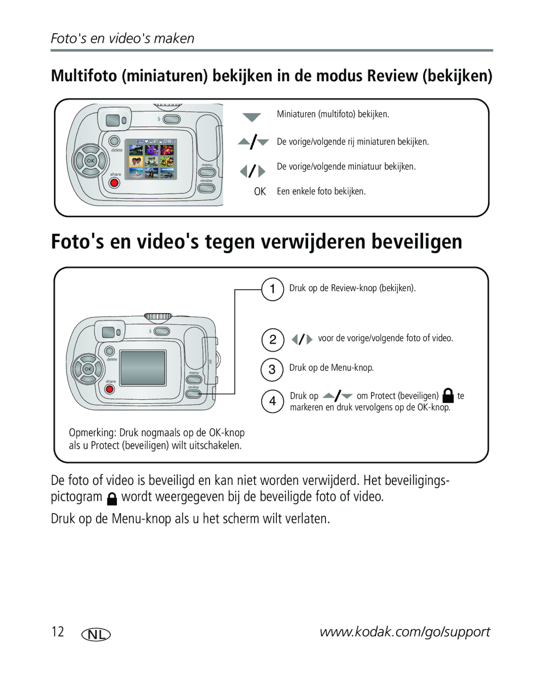 Kodak CD40, C310 manual Fotos en videos tegen verwijderen beveiligen, Druk op de Menu-knop als u het scherm wilt verlaten 