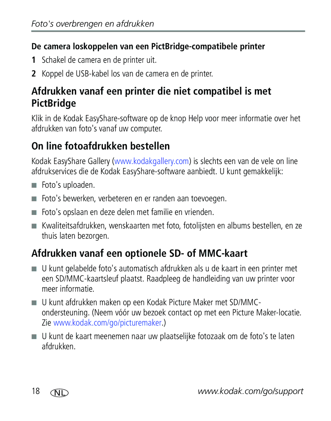 Kodak CD40, C310 manual On line fotoafdrukken bestellen, Afdrukken vanaf een optionele SD- of MMC-kaart 