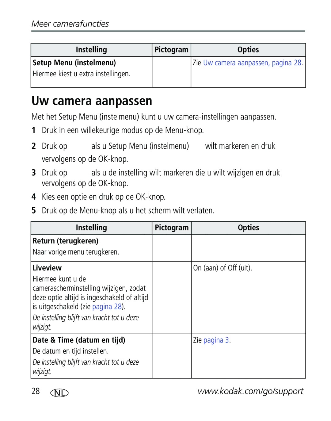 Kodak CD40, C310 manual Uw camera aanpassen, Setup Menu instelmenu, Return terugkeren, Liveview, Date & Time datum en tijd 