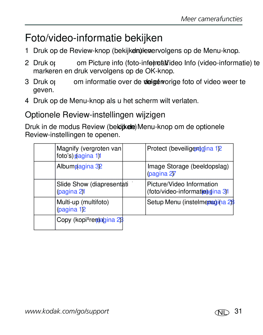 Kodak C310, CD40 manual Foto/video-informatie bekijken, Optionele Review-instellingen wijzigen 