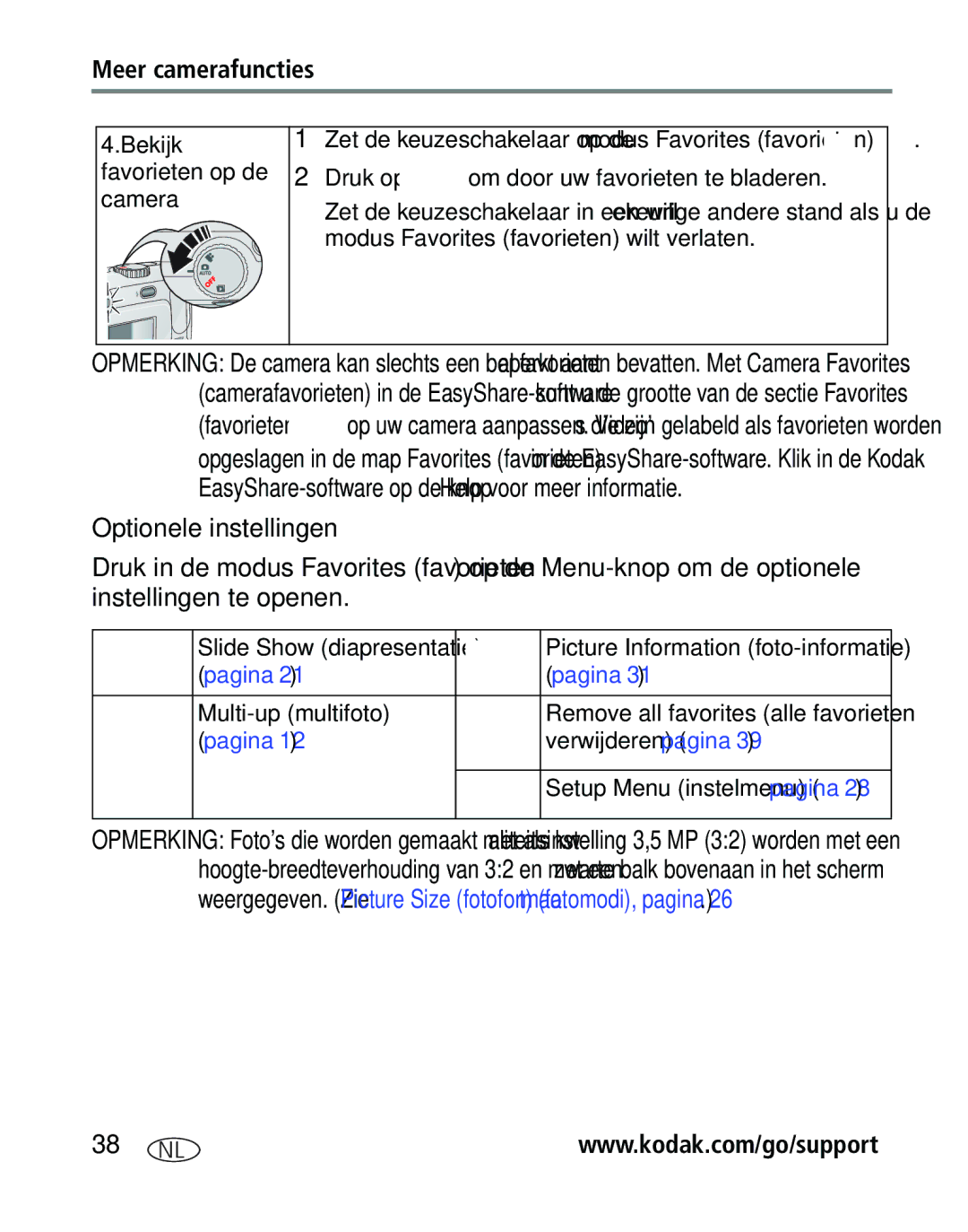 Kodak CD40, C310 manual Optionele instellingen, Bekijk favorieten op de camera, Druk op om door uw favorieten te bladeren 