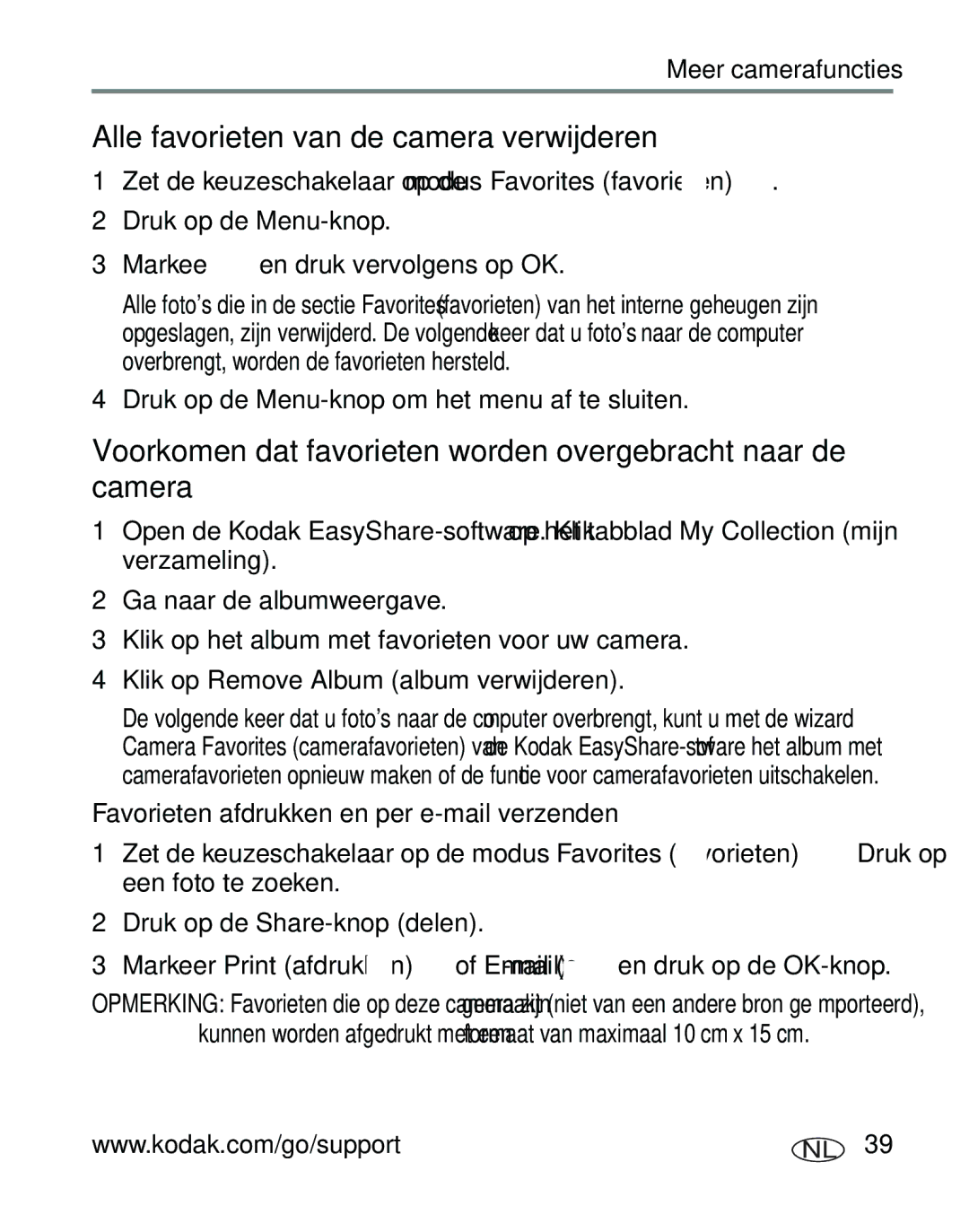 Kodak C310, CD40 Alle favorieten van de camera verwijderen, Voorkomen dat favorieten worden overgebracht naar de camera 