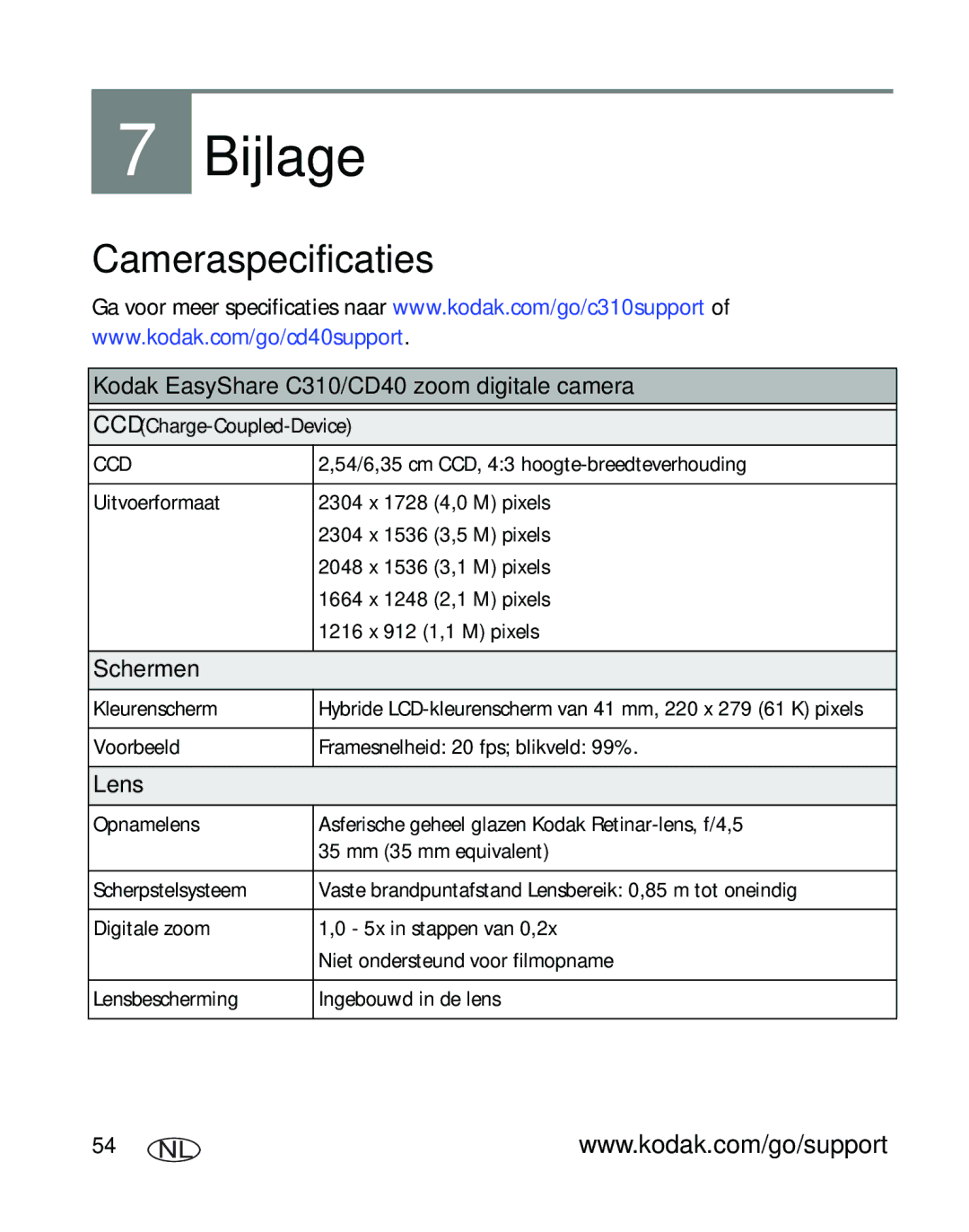 Kodak manual Cameraspecificaties, Kodak EasyShare C310/CD40 zoom digitale camera, Schermen, Lens 