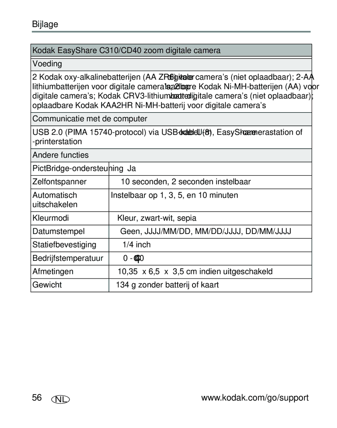 Kodak manual Kodak EasyShare C310/CD40 zoom digitale camera Voeding, Communicatie met de computer, Andere functies 