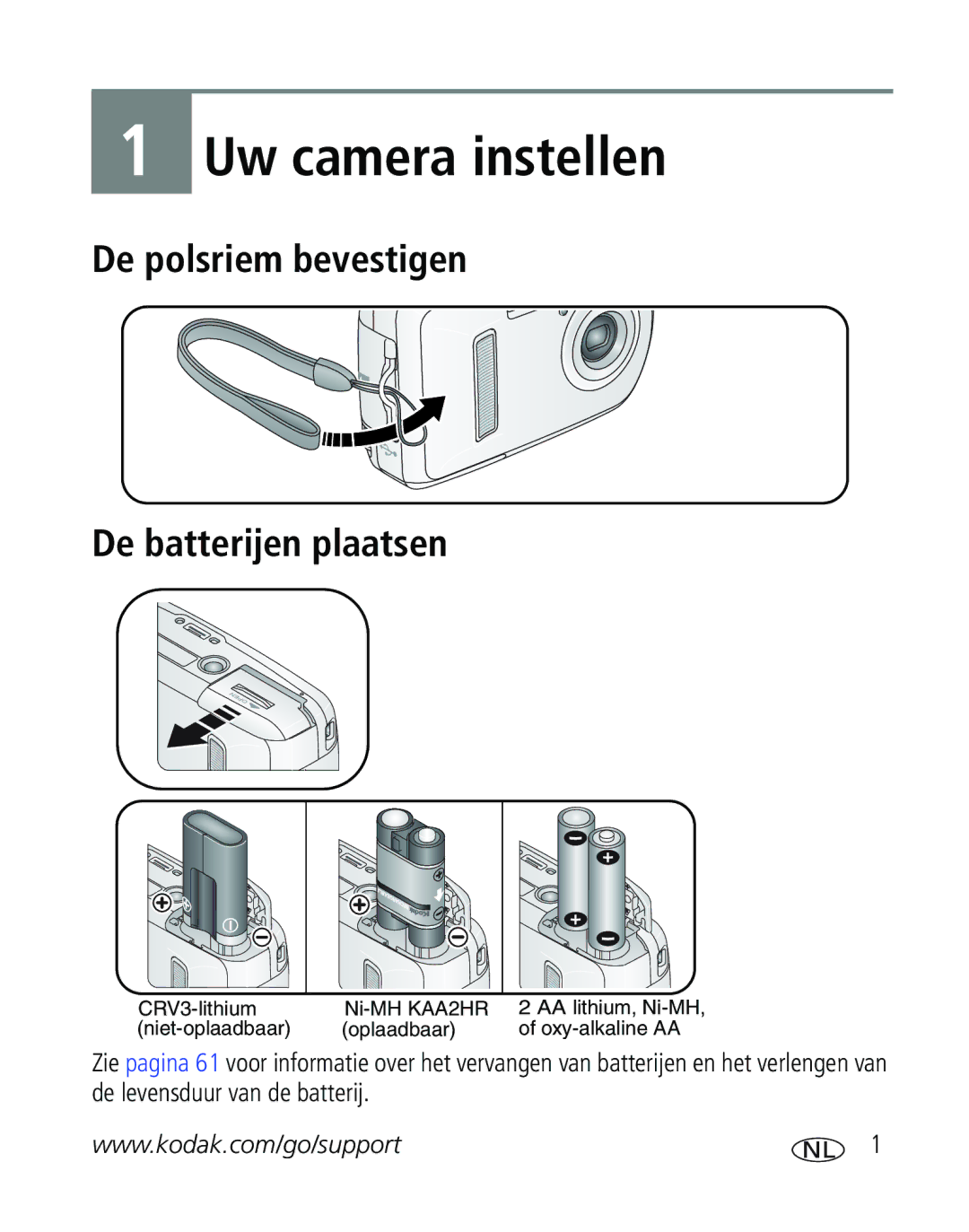 Kodak C310, CD40 manual Uw camera instellen, De polsriem bevestigen De batterijen plaatsen 