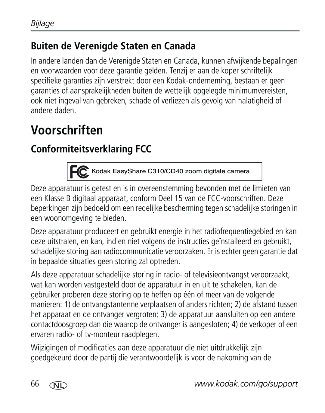 Kodak CD40, C310 manual Voorschriften, Buiten de Verenigde Staten en Canada, Conformiteitsverklaring FCC 