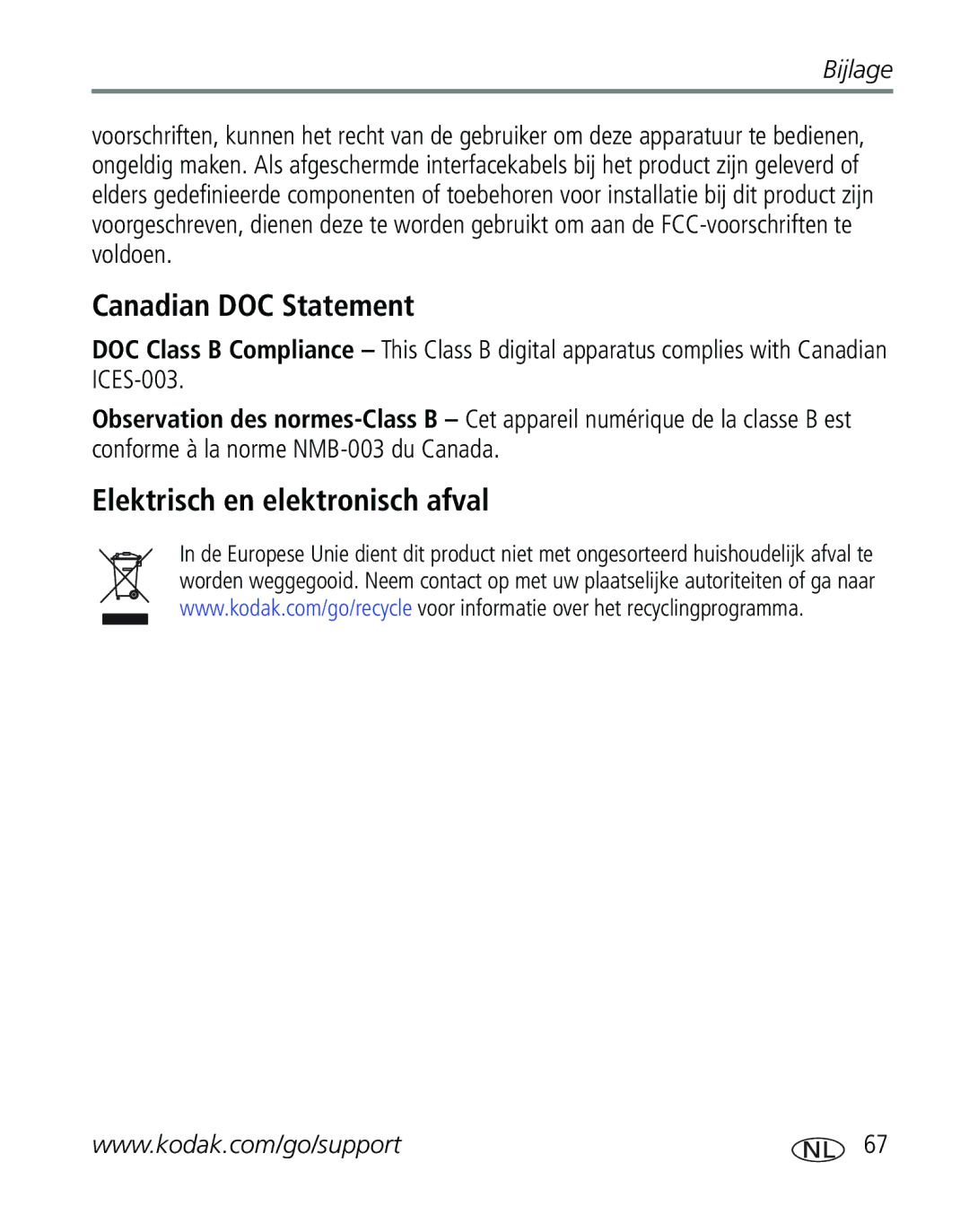 Kodak C310, CD40 manual Canadian DOC Statement, Elektrisch en elektronisch afval 