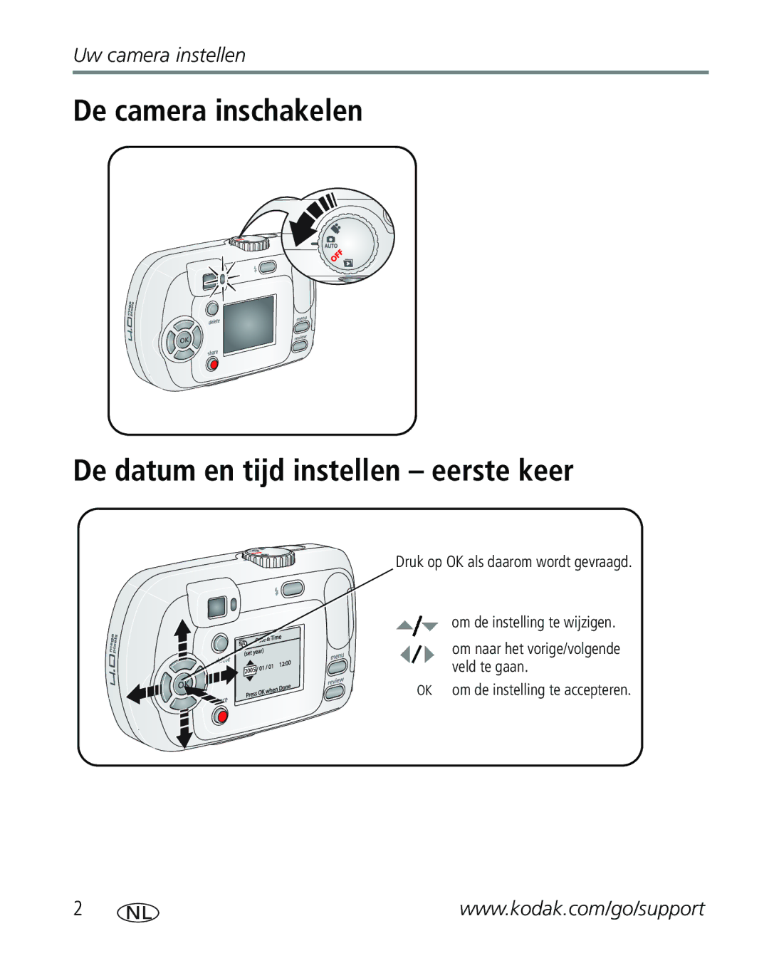 Kodak CD40, C310 manual De camera inschakelen De datum en tijd instellen eerste keer 