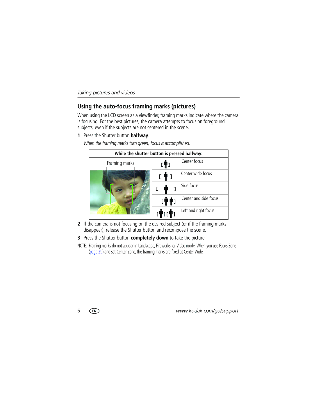 Kodak CD43 manual Using the auto-focus framing marks pictures, Press the Shutter button halfway, Framing marks 