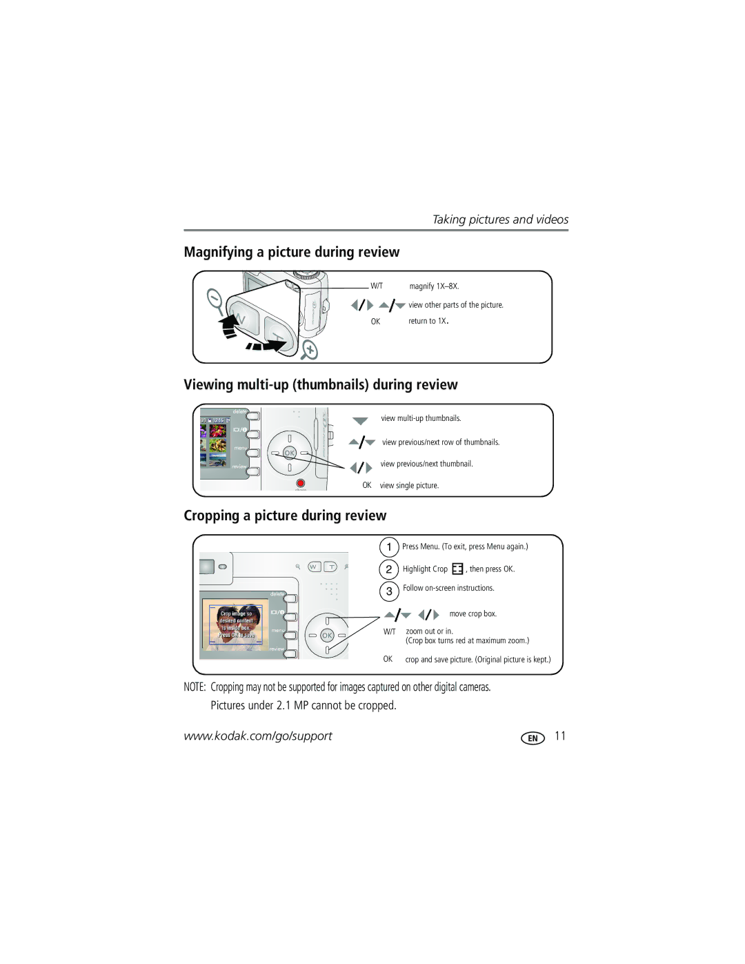 Kodak CD43 manual Viewing multi-up thumbnails during review, Cropping a picture during review 