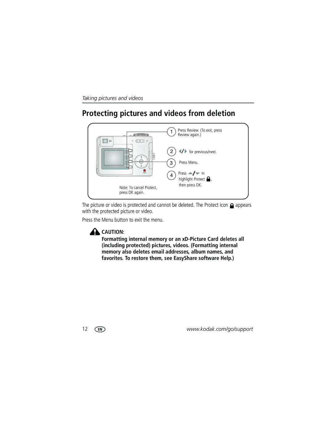 Kodak CD43 manual Protecting pictures and videos from deletion 