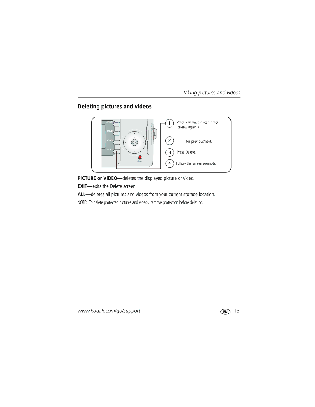 Kodak CD43 manual Deleting pictures and videos 