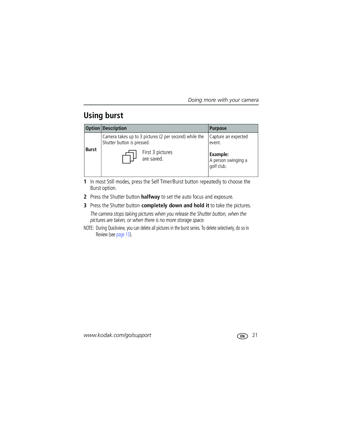 Kodak CD43 manual Using burst, First 3 pictures, Are saved 