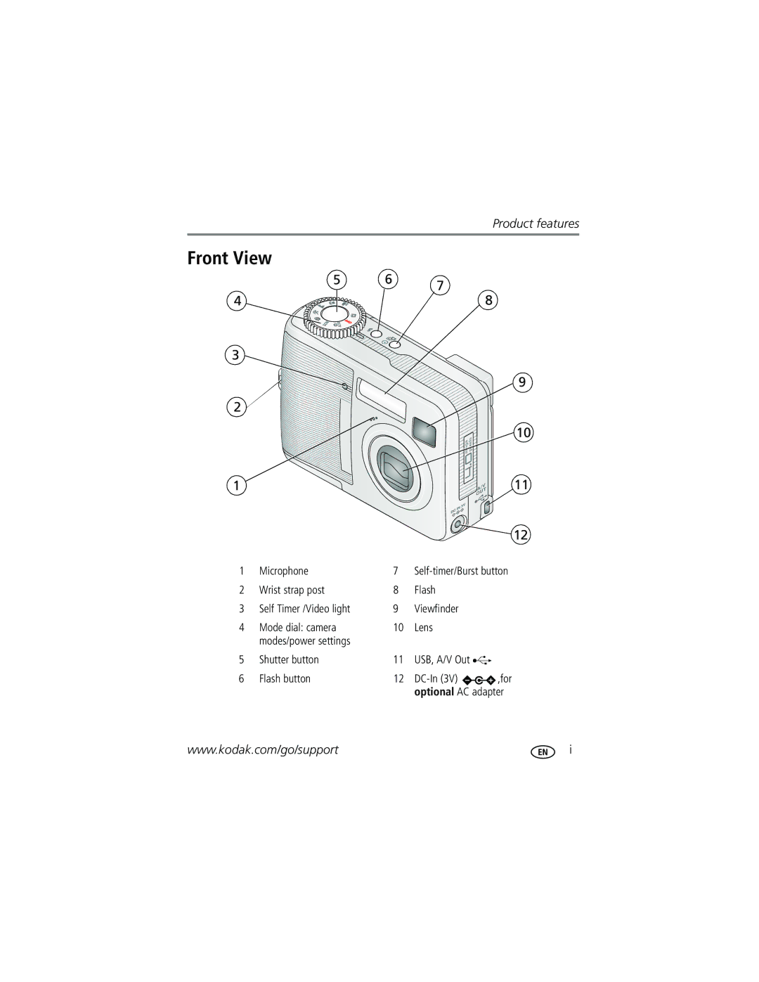 Kodak CD43 manual Front View, Microphone Wrist strap post Self Timer /Video light 