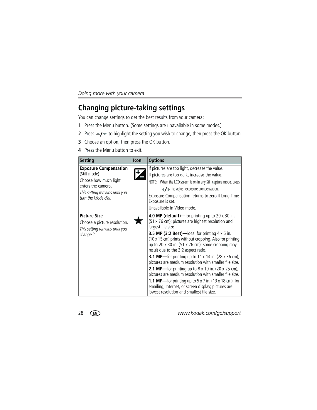 Kodak CD43 manual Changing picture-taking settings, Setting Icon Options, Picture Size 