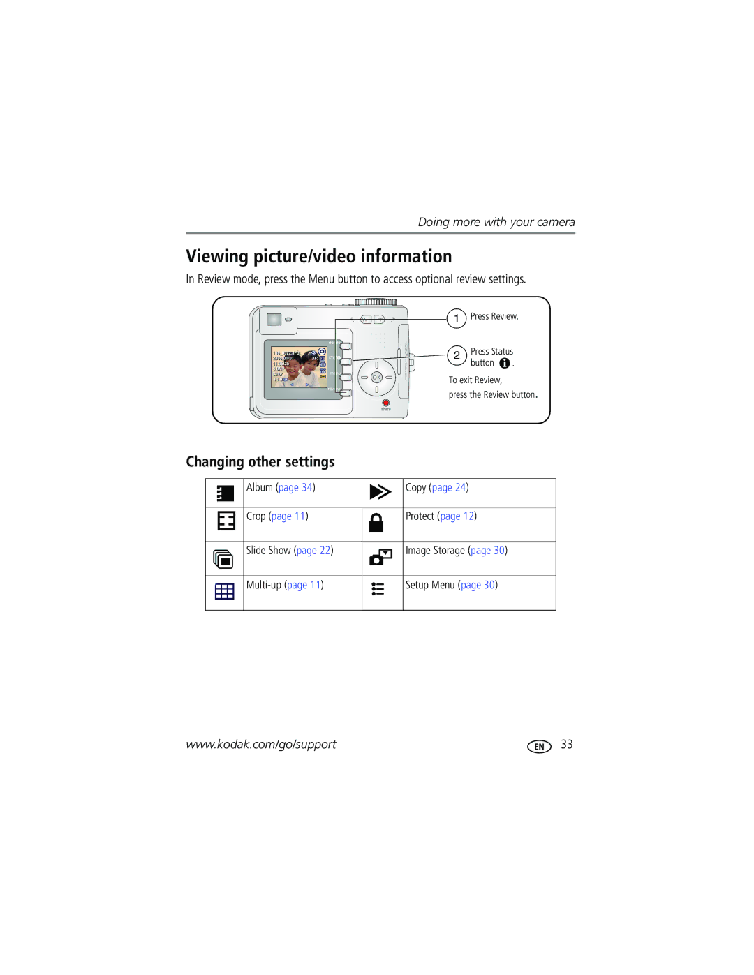 Kodak CD43 manual Viewing picture/video information, Changing other settings 