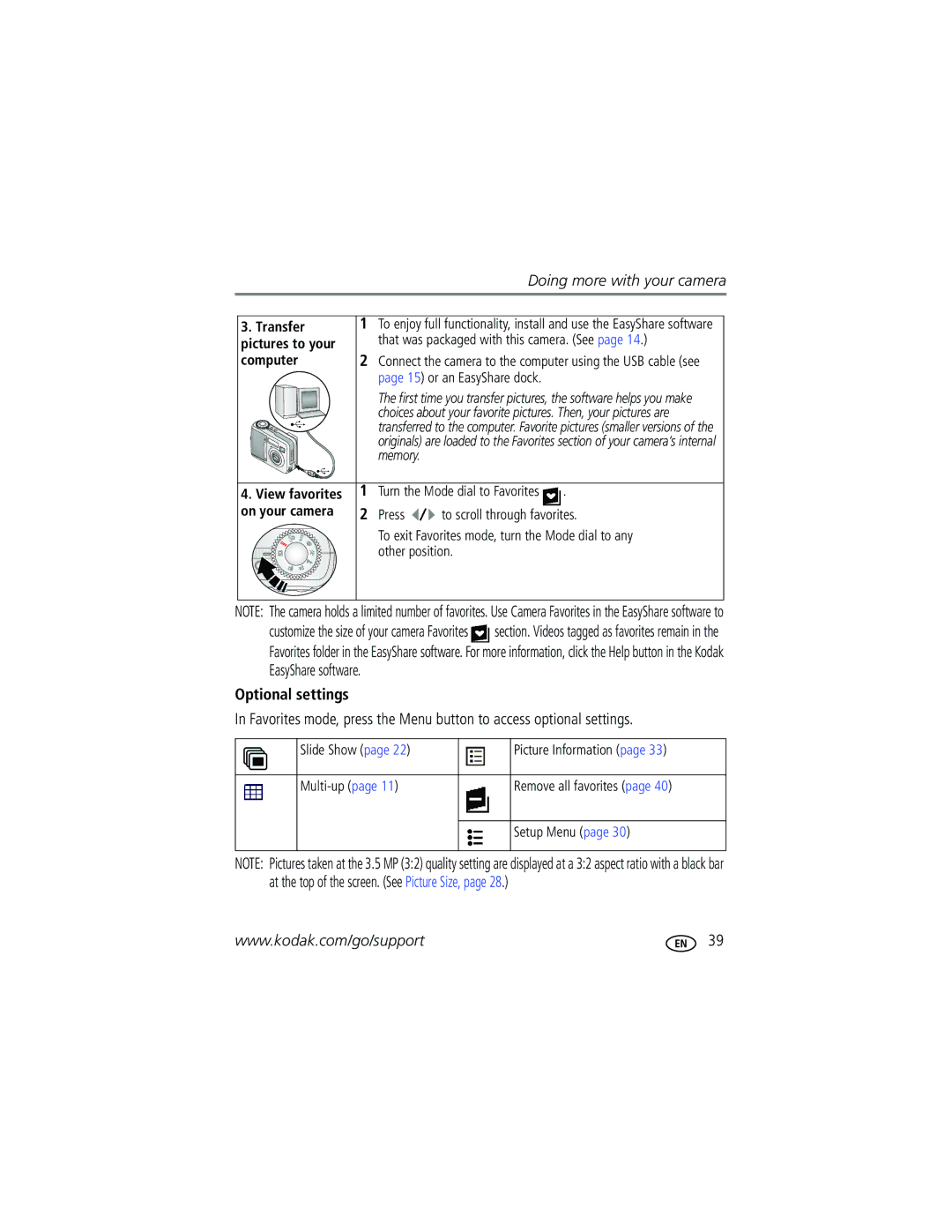 Kodak CD43 manual Optional settings, Transfer, View favorites, On your camera 