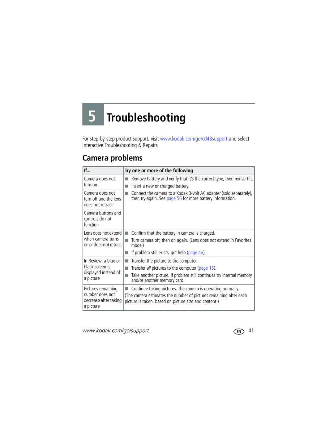 Kodak CD43 manual Camera problems, Try one or more of the following 