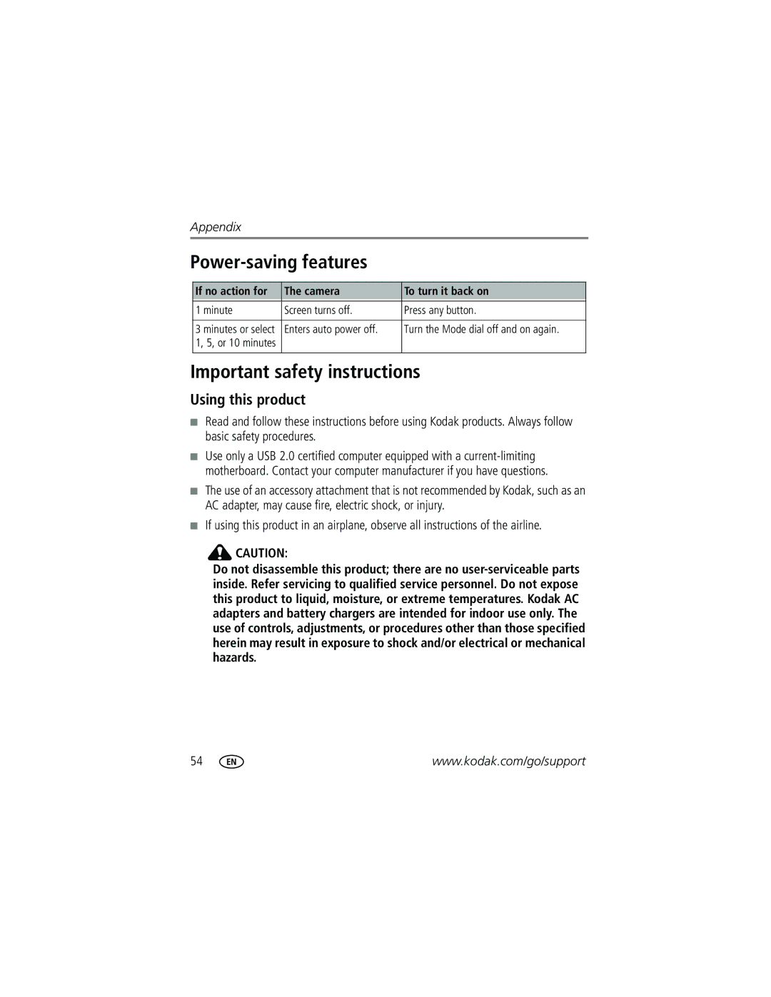 Kodak CD43 manual Power-saving features, Important safety instructions, Using this product 