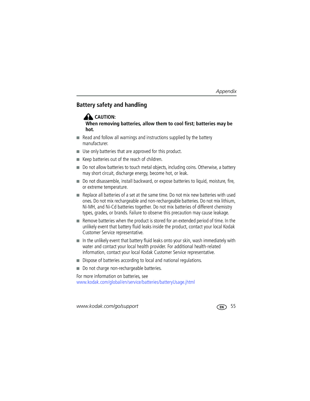 Kodak CD43 manual Battery safety and handling 