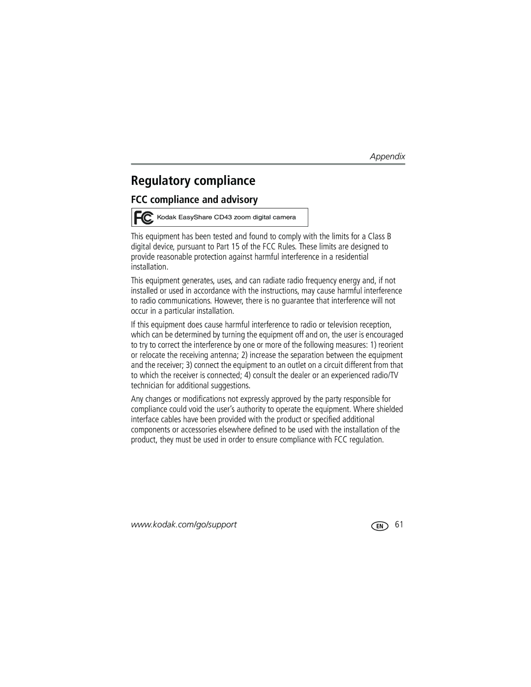 Kodak CD43 manual Regulatory compliance, FCC compliance and advisory 