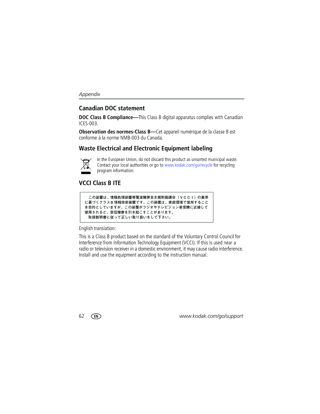 Kodak CD43 manual Canadian DOC statement, English translation 