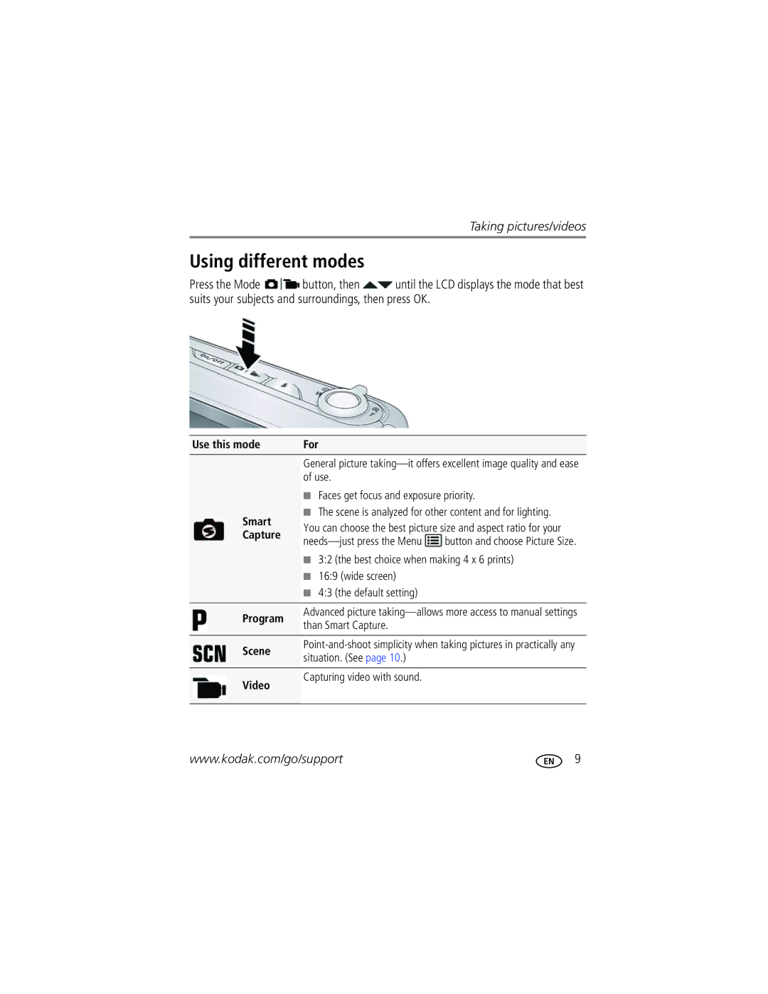 Kodak CD44 Suits your subjects and surroundings, then press OK, Use this mode For Smart Capture, Program, Scene, Video 