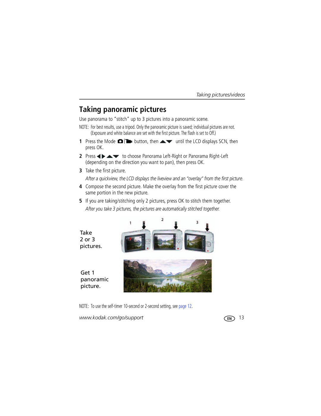 Kodak CD44 manual Taking panoramic pictures, Take the first picture, Take Or 3 pictures Get 1 panoramic picture 