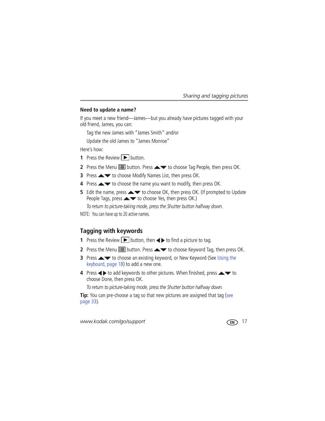 Kodak CD44 manual Tagging with keywords, Need to update a name?, People Tags, press to choose Yes, then press OK 
