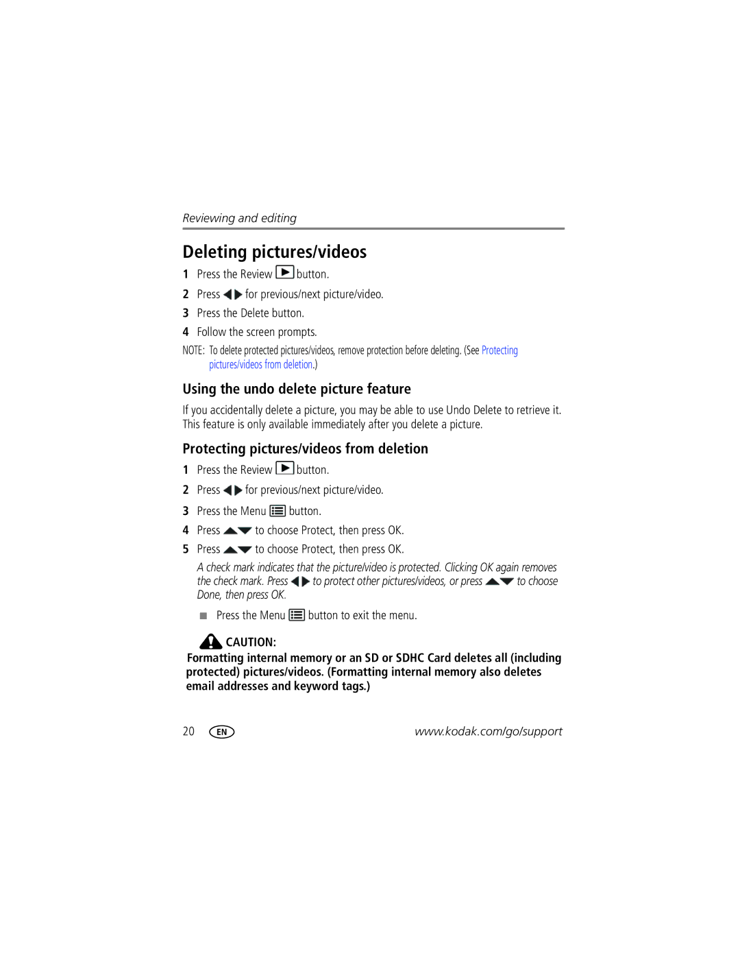 Kodak CD44 manual Deleting pictures/videos, Using the undo delete picture feature, Protecting pictures/videos from deletion 