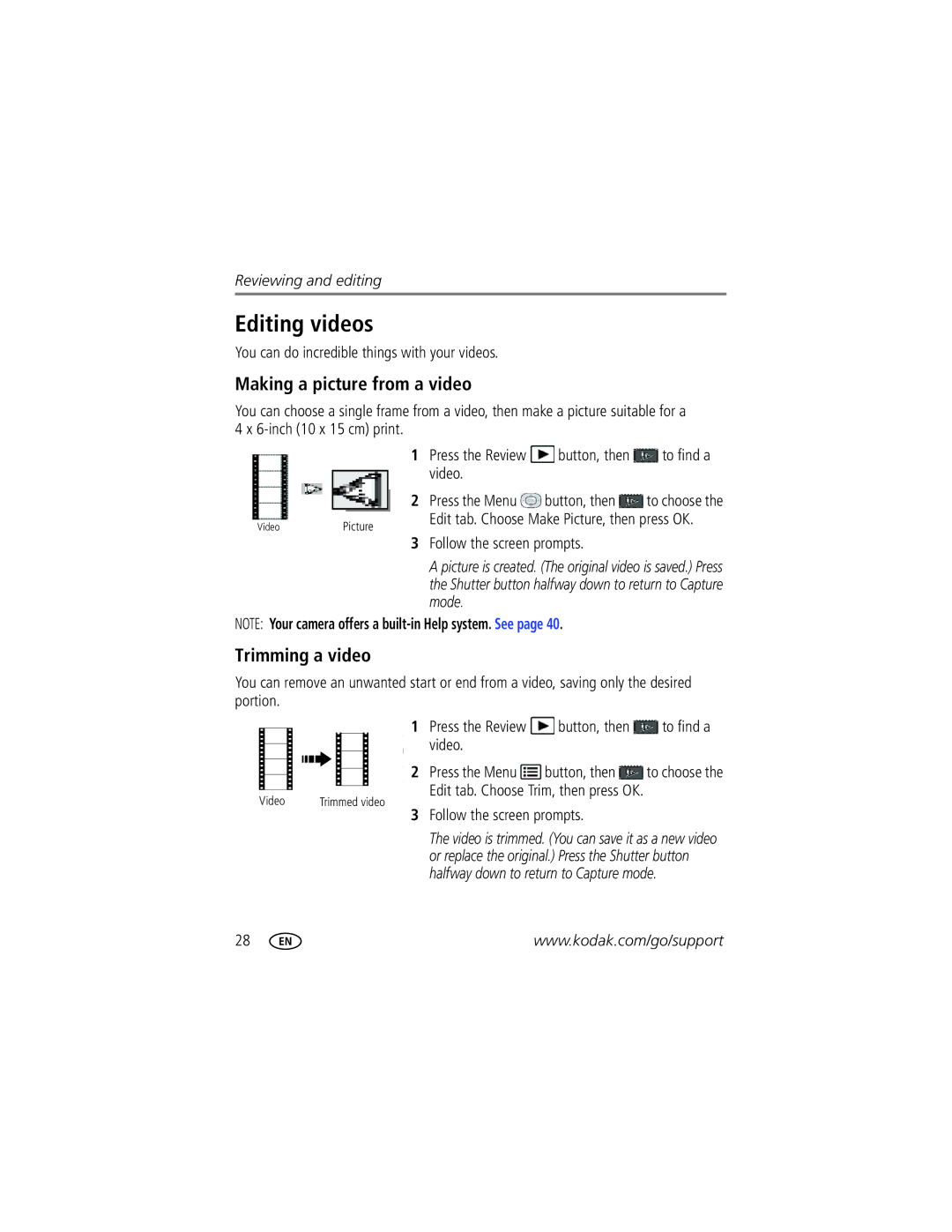 Kodak CD44 manual Editing videos, Making a picture from a video, Trimming a video 