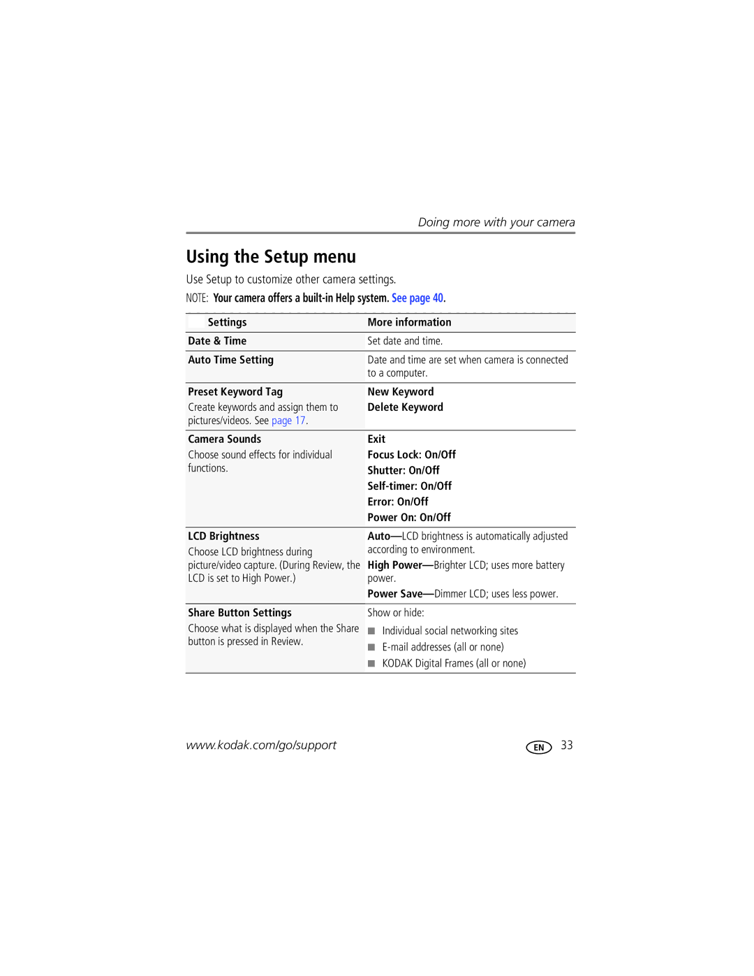 Kodak CD44 manual Using the Setup menu, Use Setup to customize other camera settings 