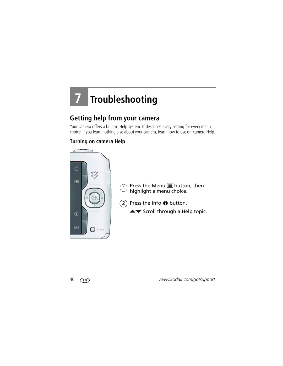 Kodak CD44 manual Getting help from your camera, Turning on camera Help 