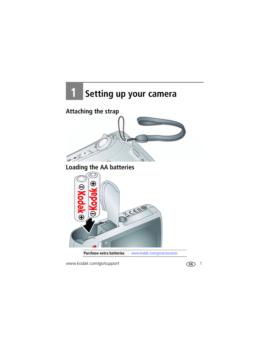 Kodak CD44 manual Setting up your camera, Attaching the strap Loading the AA batteries 