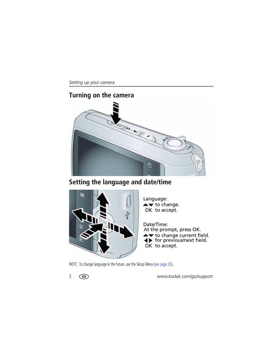 Kodak CD44 manual Turning on the camera Setting the language and date/time 