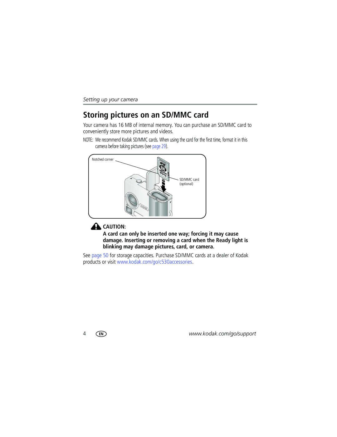 Kodak C315, CD50, C530 manual Storing pictures on an SD/MMC card 