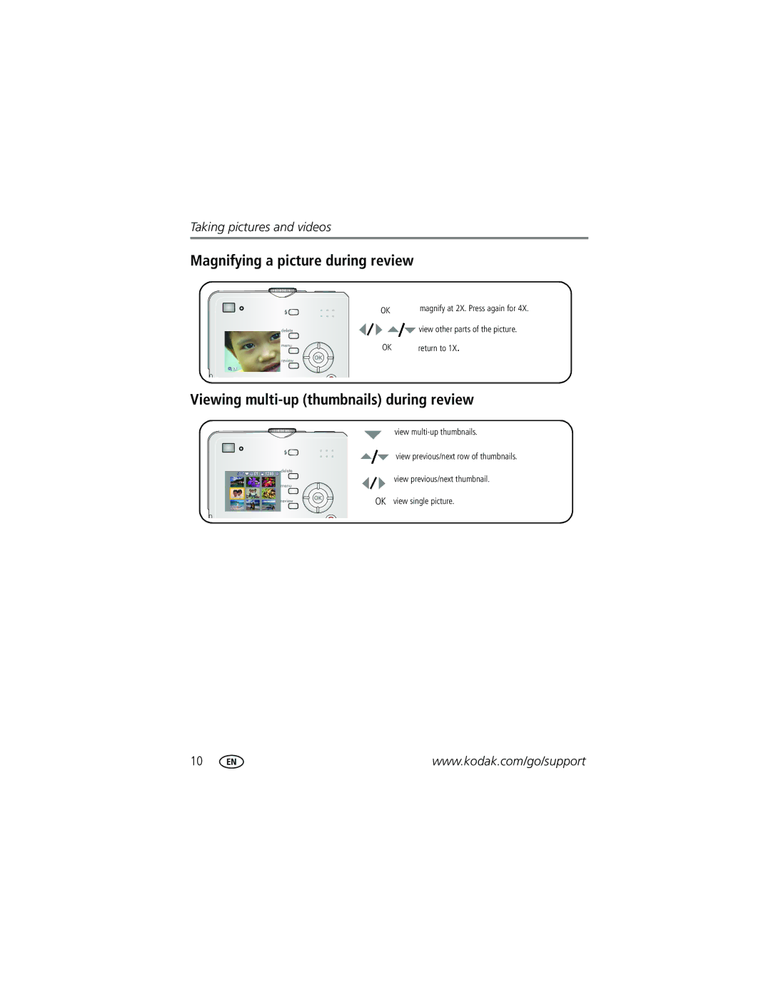 Kodak C315, CD50, C530 manual Magnifying a picture during review, Viewing multi-up thumbnails during review 