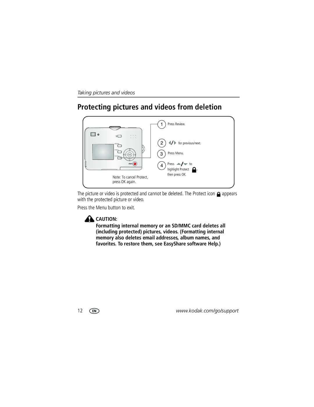 Kodak CD50, C315, C530 manual Protecting pictures and videos from deletion 