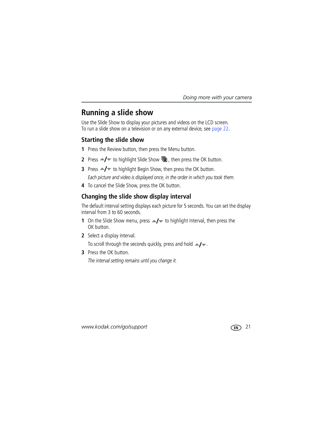 Kodak CD50, C315, C530 manual Running a slide show, Starting the slide show, Changing the slide show display interval 