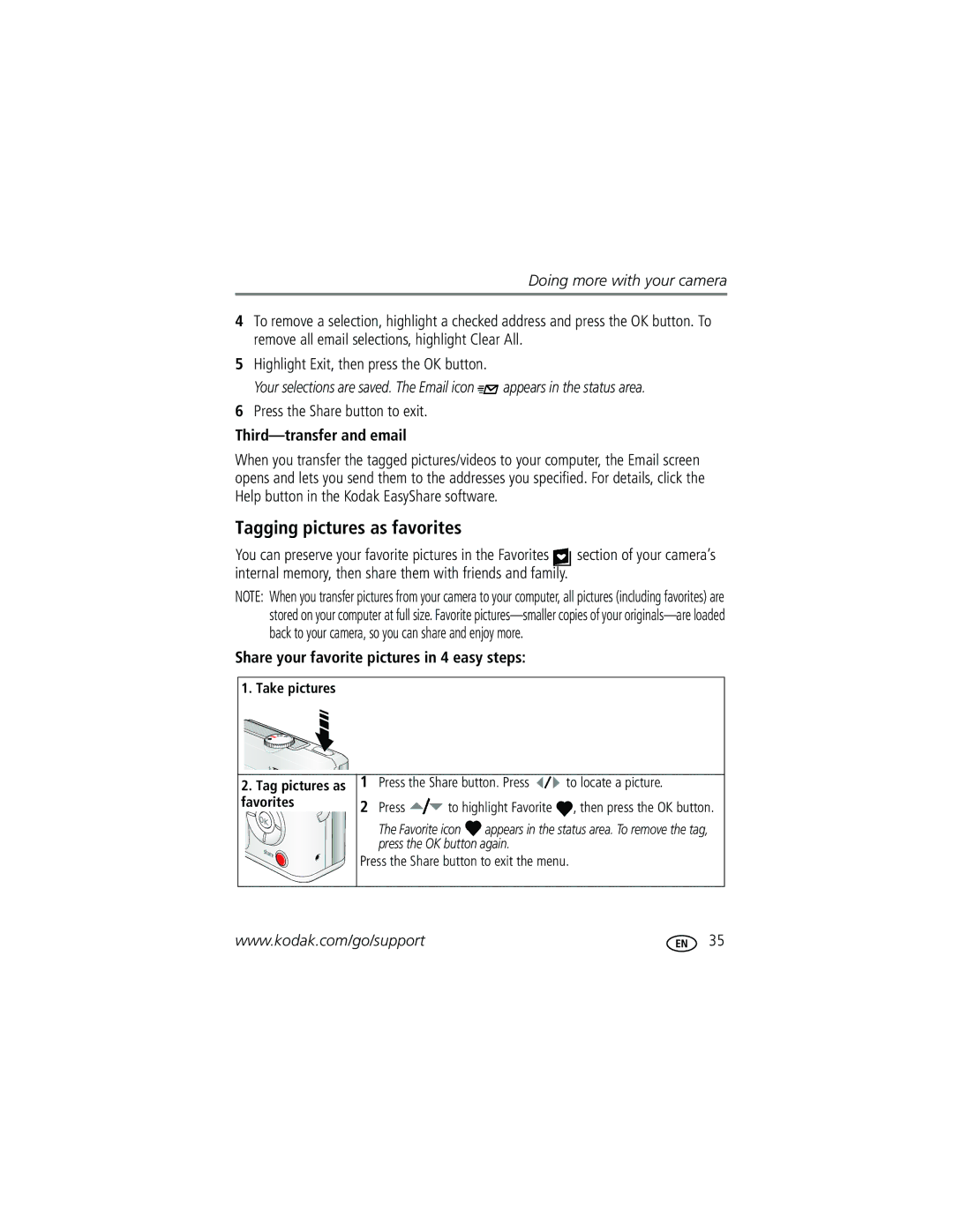 Kodak C530, CD50, C315 manual Tagging pictures as favorites, Press the Share button to exit, Third-transfer and email 
