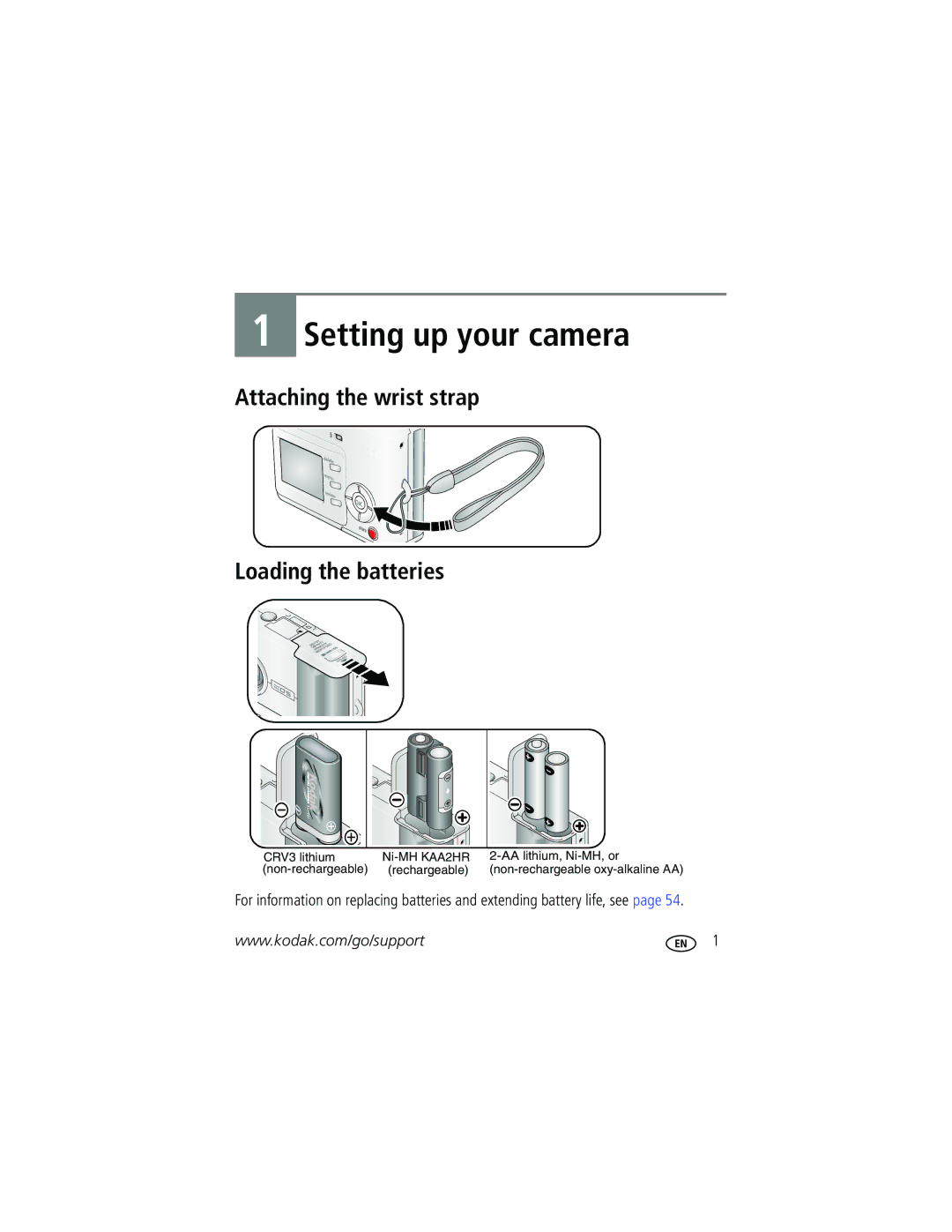 Kodak C315, CD50, C530 manual Setting up your camera, Attaching the wrist strap Loading the batteries 